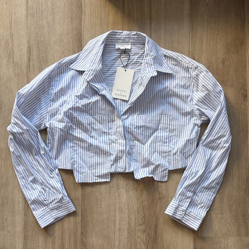 Stitch & Feather Striped Cropped Button-Up Shirt sz L - Picture 2 of 8